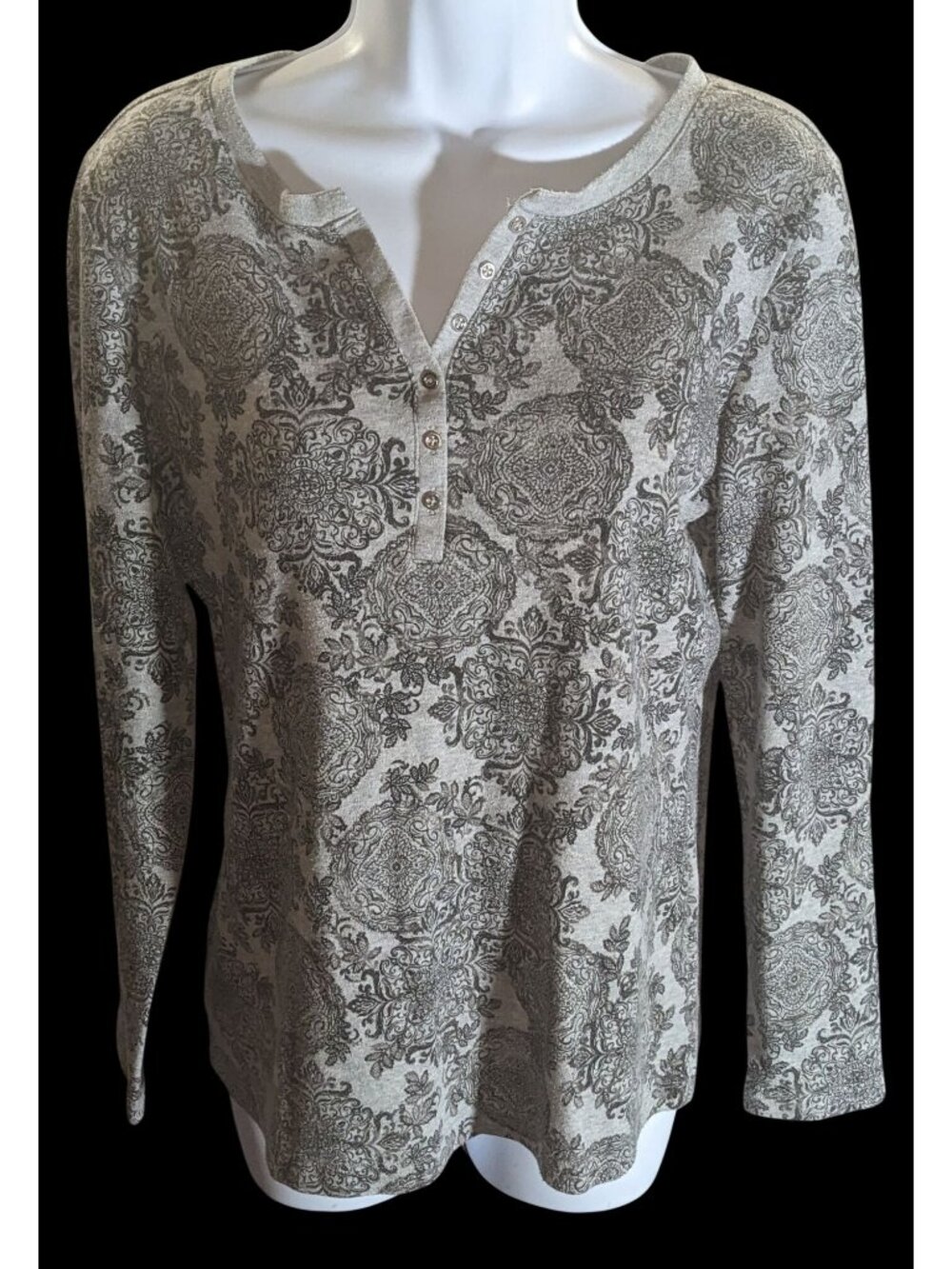 Karen Scott Floral Henley Long Sleeve Top Black Grey Designer Casual Blouse